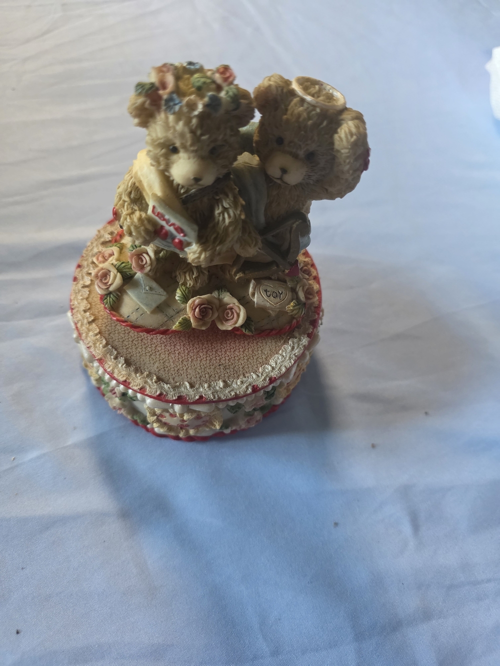 Source Unknown Pink and Cream Floral Bear Music Box
